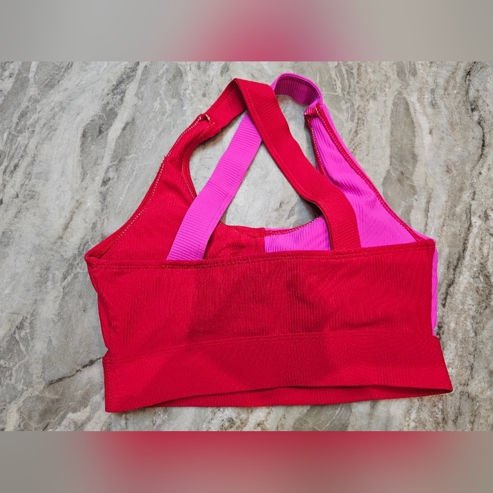 Pink Lily Small Colorblock Ribbed Sports Bra Pink Red Racerback Stretch - Picture 2 of 7